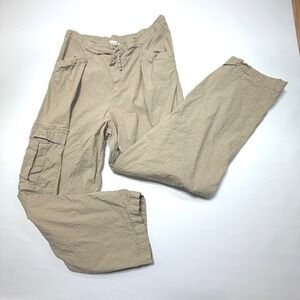 Athleta Khaki Cargo Pants Womens Large Drawstring Linen Blend Wide Leg